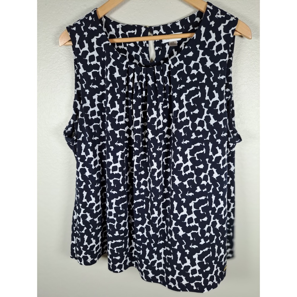 Calvin Klein Womens 2X Navy Blue White Abstract Pleated Sleeveless Blouse Top